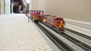 HO scale BNSF stack train knocks down signal (literally)