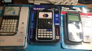 Unboxing 3 Graphing Calculators: Casio fx-CG50, HP Prime, TI-83 Plus.