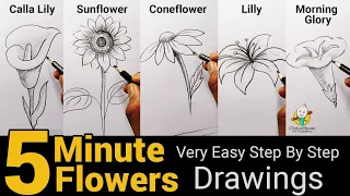 How To Draw 5 Flowers in Five Minute | Very Easy & Simple Drawing Step By Step | Art Video