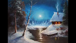 "Winter fairy tale" how to draw a winter landscape at night,how to draw a house,for the  beginners