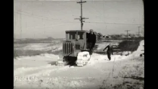 1934/35 Winter, clearing snow after a storm, playing with family pets, rural Nebraska