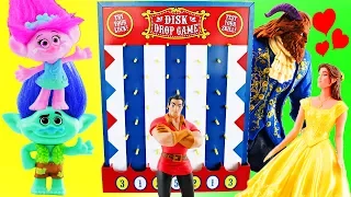 Disk Drop Game w Trolls & Beauty and The Beast Movie Toys! Gaston Slimes Belle & Beast & Poppy helps