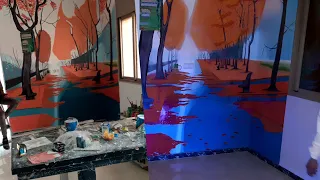 رسم منظر للطبيعة 3d على الجدار (صباغة الزيت)@mcmohamedgraffiti3d746 landscape painting on the wall