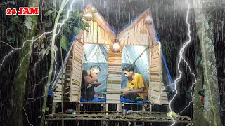 heavy rain camping and fishing build twin shelters, sleep well in the rain forest