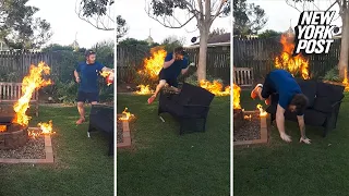 Epic fire-pit fail as dimwit pours fuel directly on flames