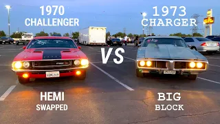 Challenger vs Charger Drag Race: Hemi Swap 1970 Dodge Challenger Racing a 73 Dodge Charger Big Block