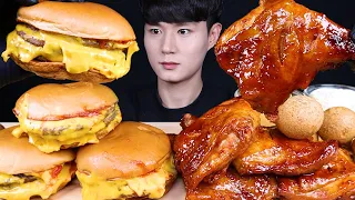 ENG SUB) ASMR TRIPLE CHEESEBURGERS & SPICY BBQ CHICKEN EATING SOUNDS MUKBANG 햄버거 치킨 먹방ASMR MUKBANG