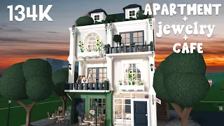 :) affordable roleplay apartment building with a jewelry store + Cafe | Bloxburg