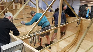 Lifeboat 13 in-house build -  fitting the steamed oak frames (or ribs)