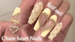 SUB) Self nail/Lovely chain heart nail pretty and cute💛/Polygel extension/Quilting nail