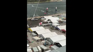 Disaster at Sydney SailGP 2023 staging area - wind picks up and a sail tears through a building