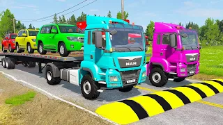 Flatbed Trailer Cars Transporatation with Truck - Pothole vs Car - BeamNG.Drive #77