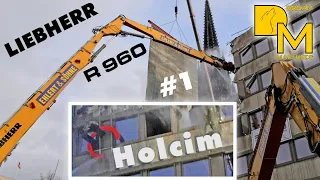 Building Demo downtown by crane LIEBHERR R960 demolition high reach excavator