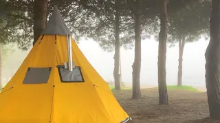 WINTER HOT TENT CAMPING IN FOGGY WEATHER BY THE SEA