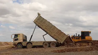 Best powerful Big Bulldozer recovery  Dump truck  stuck in mud // pushing & unloading dirt