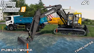 Cleaning bank with Volvo ECR145EL  | Public Work Sandy Bay | Farming Simulator 19 | Episode 1