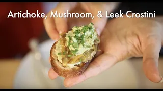 Artichoke, Mushroom, and Leek Crostini with Pesto