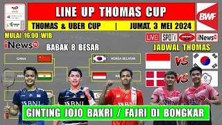 LINE UP Thomas Cup INDONESIA vs KOREA SELATAN ~ Jadwal 8 Besar Thomas Uber Cup 2024 Hari Ini