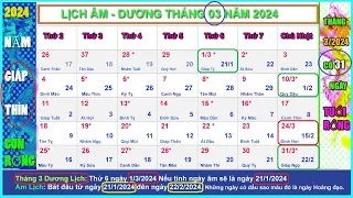 Lịch âm dương tháng 3 năm 2024 - Lịch vạn niên tháng 3/2024, Năm Con Rồng