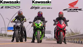 Kawasaki Ninja Zx6r 2024 vs kawasaki Ninja z900 vs Honda CBR 650R || Drag Race || First on YouTube