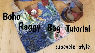 Boho raggy quilted tattered patchwork bag tutorial: upcycle style