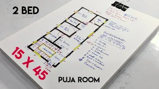 15 by 45 simple house plan II 15 x 45 Ghar ka design II 2 bed room with puja room design