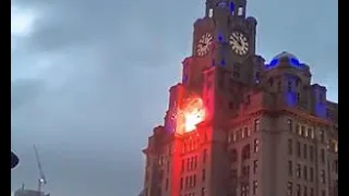 Firework-firing fans set fire to Liverpool's iconic Liver Building