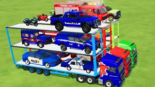 TRANSPORTING CARS, AMBULANCE, FIRE TRUCK, POLICE CARS OF COLORS! WITH TRUCKS! - FARMİNG SIMULATOR 22