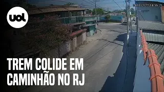 Trem bate em caminhão no RJ: câmeras flagram acidente em Magé