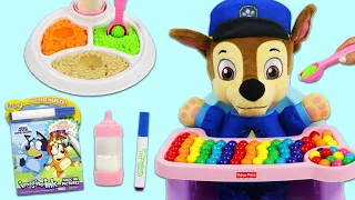 Feeding Paw Patrol Baby Chase Healthy Meal Time & Learning with Disney Junior Bluey Imagine Ink!