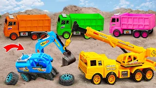 JCB car toy, Crane, Dinosaurs find and assemble Excavator - helping others in need - lesson for kids