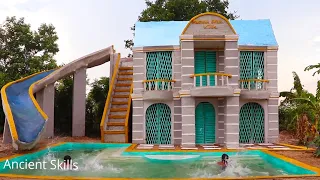 Build Two Story Classic Mud Villa, Top Design Water Slide To Swimming Pool By Ancient Skills