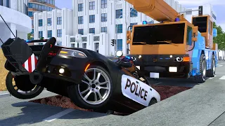 Police Car Lucas Chasing a Sports Car, JCB Excavator, Crane Truck for Breaking the Rules