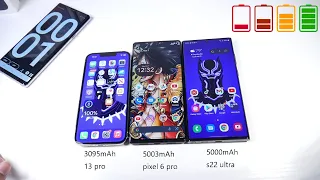 Samsung Galaxy S22 Ultra VS Pixel 6 Pro VS iPhone 13 Pro Battery Drain Test In 2022!
