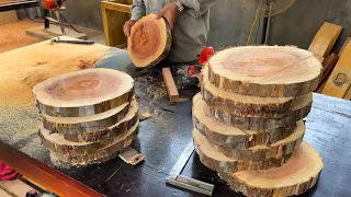 A Table That Couldn't Be More Wonderful Starts from Processing Round Wood Slices Cut from Tree Trunk