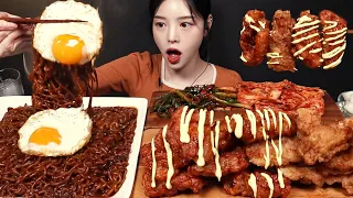 SUB)Chapagetti, Spicy Crispy Fried Chicken with cheese sauce Mukbang Asmr