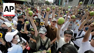 Thousands raise guava fruit at protest of Taiwan's ruling party before new president's inauguration
