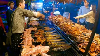 Very popular Cambodian street food at Orussey | Delicious Grilled Chicken Duck Fish, Pork & Meat