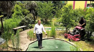 I WAS MOWING this OVERGROWN MINI GOLF COURSE for FREE and got CAUGHT BY THE OWNER