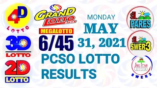 Lotto Result May 31 2021 (Monday), 6/45, 6/55, 3D, 2D | PCSO Lottery draw