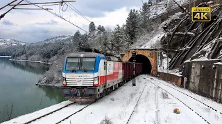 4K CABVIEW Prijepolje - Požega (Winter snowy freight train ride)(Snow covered mountains scenic view)