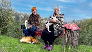 Happy old age of an elderly couple with their animal friends in a mountain village