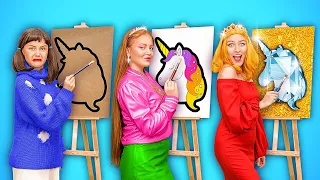 4K RICH VS BROKE VS MEGA RICH ART CHALLENGE || DIY Hacks Draw and Paint! Funny Crafts 123 GO! TRENDS