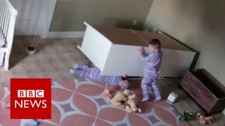 Boy, 2,  saves twin from falling furniture - BBC News