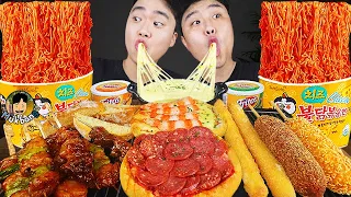 ASMR MUKBANG | CHEESE PIZZA, Fire Noodles, cheese stick, hot dog recipe ! eating