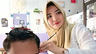 Haircut by Beautiful Lady Barber Lampung - Indonesian Vlog