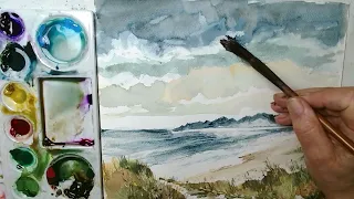 Hedwig's Art watercolor, seascape, dunes, mountains.
