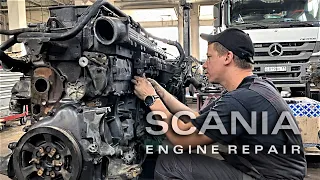 A MASTER ASSEMBLES AN ENGINE FROM A SCANIA TRUCK. + START ENGINE. DC12 HPI