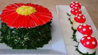 Простой и вкусный салат с крабовыми палочками ХРИЗАНТЕМА закуска ГРИБОЧКИ БЛЮДА на праздничный стол