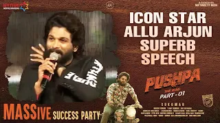 Icon Star Allu Arjun Superb Speech | Pushpa MASSive Success Party Live | Rashmika | Sukumar | DSP